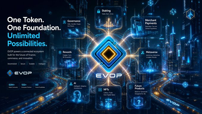 A promotional graphic for 'EVOP' cryptocurrency, featuring the tagline 'One Token. One Foundation. Unlimited Possibilities,' with diagrams illustrating features like Governance, Staking, Rewards, AI, NFTs, and Future Products.
