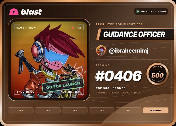 A 'blast' Mission Control recruitment card showing a user (@ibraheemimj) recruited for Flight 001 as a Guidance Officer (Crew No. #0406), with a cartoon character wearing a blue visor and headphones.