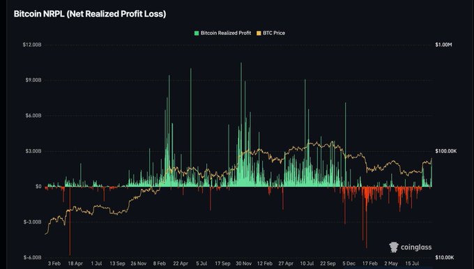 A Bitcoin NRPL (Net Realized Profit/Loss) chart from Coinglass displays daily realized profits in green and losses in red, with the BTC price overlaid in orange from February 2018 to mid-2024. The chart illustrates that current realized profits of around $2.4 billion are notably lower than the $7-10 billion spikes seen at prior market tops in 2018, 2021, and 2022.