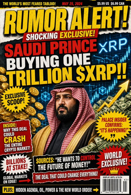 A sensational tabloid magazine cover dated May 25, 2024, headlined 'RUMOR ALERT! SHOCKING EXCLUSIVE! SAUDI PRINCE BUYING ONE TRILLION $XRP!!' featuring an image of a Saudi royal amidst graphics of Bitcoin, cash, and price arrows.