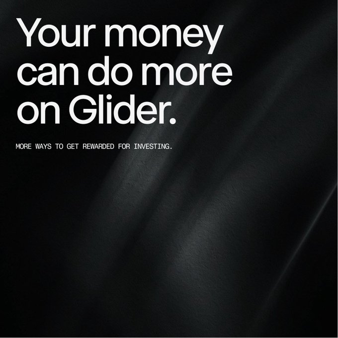 A sleek black ad with white text reading "Your money can do more on Glider." and the tagline "MORE WAYS TO GET REWARDED FOR INVESTING."—reinforcing the post's message about expanding rewards for holding investments on the platform.