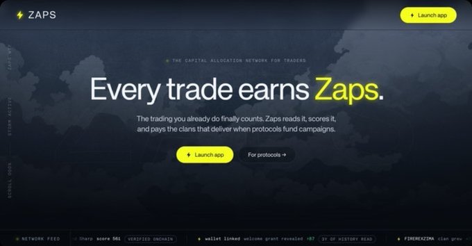 A website screenshot for 'ZAPS' with the tagline 'Every trade earns Zaps,' describing it as 'THE CAPITAL ALLOCATION NETWORK FOR TRADERS,' with 'Launch App' and 'For protocols' buttons.