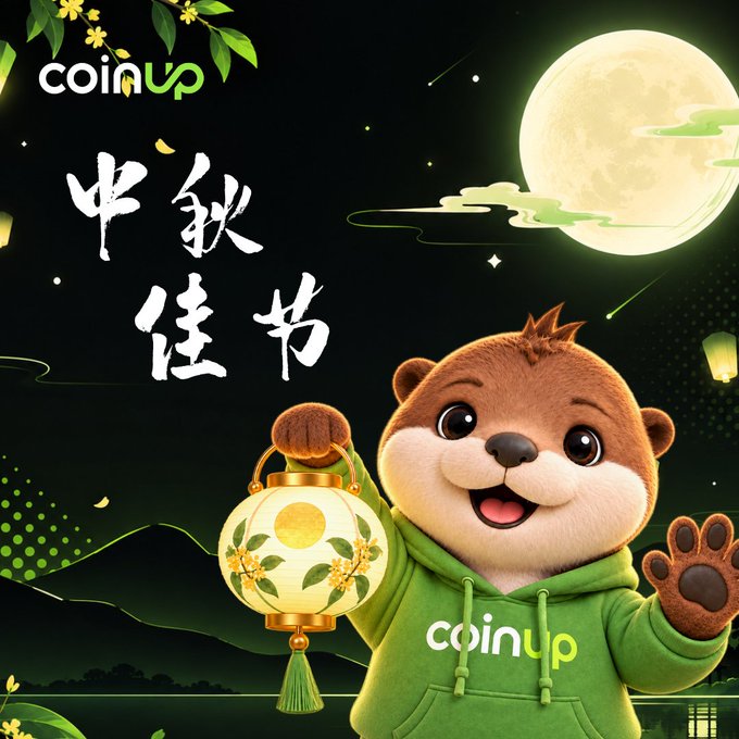A promotional graphic for CoinUp features a cartoon otter mascot in a green hoodie holding a lantern against a night sky with a full moon and the Chinese text "中秋佳节" (Mid-Autumn Festival).