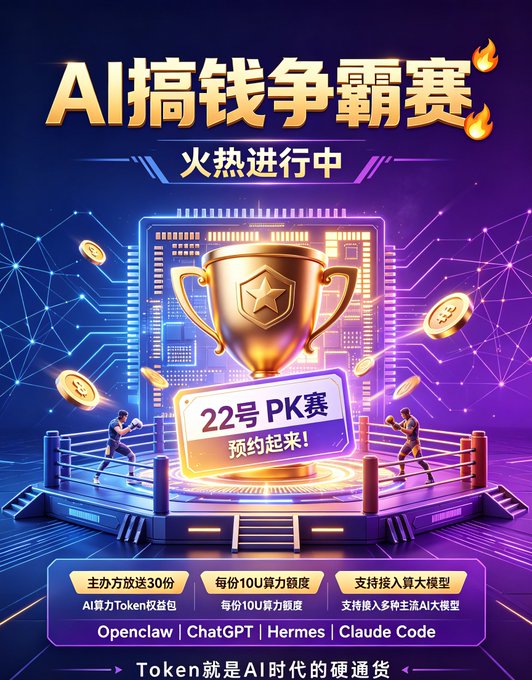 A promotional graphic for an "AI搞钱争霸赛" (AI Money-Making Championship) featuring a glowing golden trophy on a digital boxing ring with circuit board motifs, announcing "22号PK赛 预约起来！" (No. 22 PK Match, book now!) alongside prize details of 30 AI computing power Token packages (10U each) supporting models including Openclaw, ChatGPT, Hermes, and Claude Code, with the tagline "Token就是AI时代的硬通货" (Token is the hard currency of the AI era).