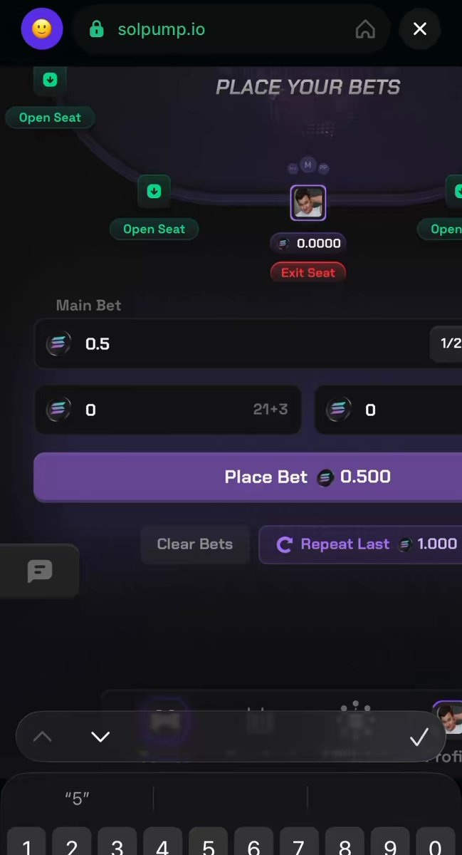 The image shows a phone screen displaying a poker game interface. The main focus is on the "Place Your Bets" section of the app, which allows users to place their bets for the current game session. There are several options available, including "0", "1/2", and "3/4". A player's last bet can also be displayed in the app. The screen shows a message that says "Everything’s dumping and I almost lost all of my SOL on black jack Then solpump glitched and I won with my last on crash, I was so confused after it happened". This suggests that there might have been an issue with the game or the player's account, causing them to lose their previous bets.