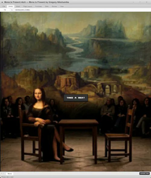 A web page titled 'Mona Is Present.nkah — Mona Is Present by Gregory Kiksnumika' displays the Mona Lisa sitting at a wooden table with a chair opposite her, set against a painted landscape backdrop, with a 'TAKE A SEAT' button overlaid.