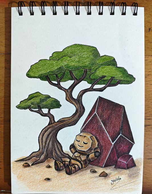 A hand-drawn sketch in a spiral notebook shows a small, smiling stone golem character peacefully resting against a large purple crystal beneath a leafy tree, signed "Velda." The whimsical artwork visually represents Seismic's "quietest, safest space on-chain" concept, with the stone guardian symbolizing protection and the crystal evoking the secure, private blockchain Seismic is building.