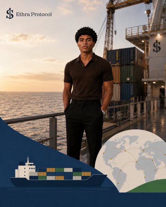 A promotional graphic for 'Ethra Protocol' featuring a young man in a polo shirt standing on a shipping dock with containers, a cargo ship, and a globe illustration.