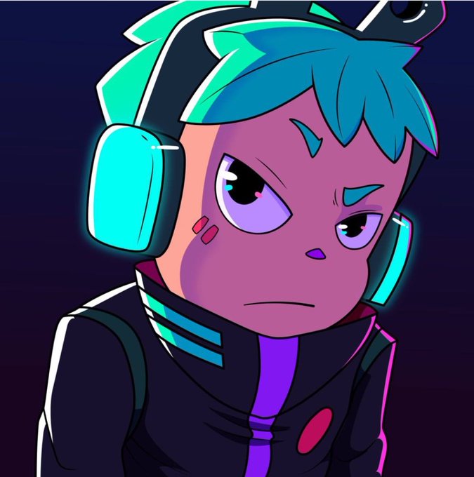 A cartoon-style character with teal hair, large blue headphones, and a serious expression, wearing a dark jacket with colorful accents.