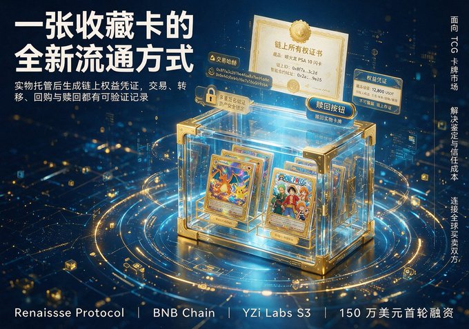 A Chinese promotional graphic for 'Renaissse Protocol' on BNB Chain (YZi Labs S3, 150万美元首轮融资) advertising '一张收藏卡的全新流通方式' with images of Pokémon trading cards inside a glass display case and an on-chain ownership certificate.