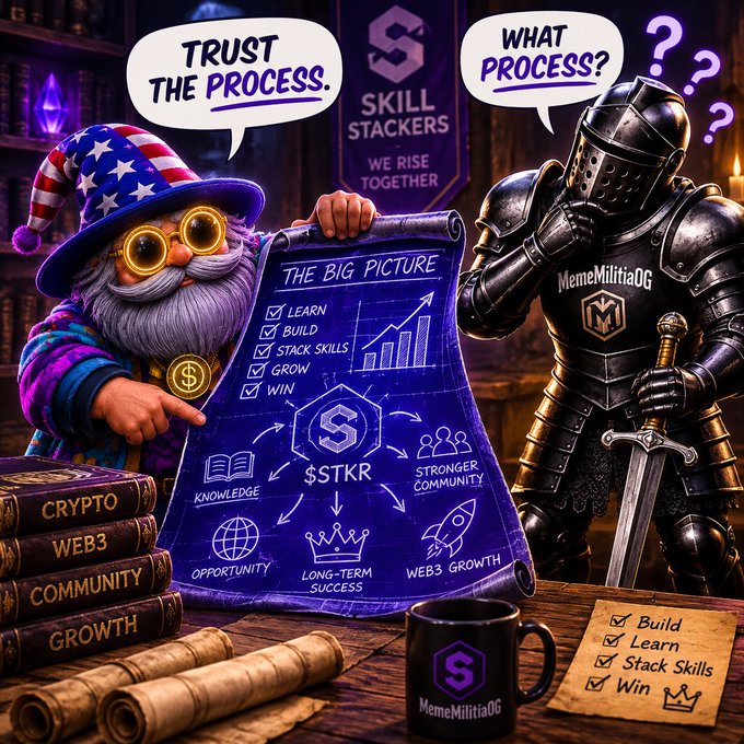 A stylized illustration featuring a wizard character saying 'TRUST THE PROCESS' pointing at a scroll titled 'THE BIG PICTURE' (showing steps like Learn, Build, Stack Skills, Grow, Win) next to a confused knight labeled 'MemeMilitiaOG' asking 'WHAT PROCESS?', with books titled 'CRYPTO', 'WEB3', 'COMMUNITY', and 'GROWTH' stacked nearby.