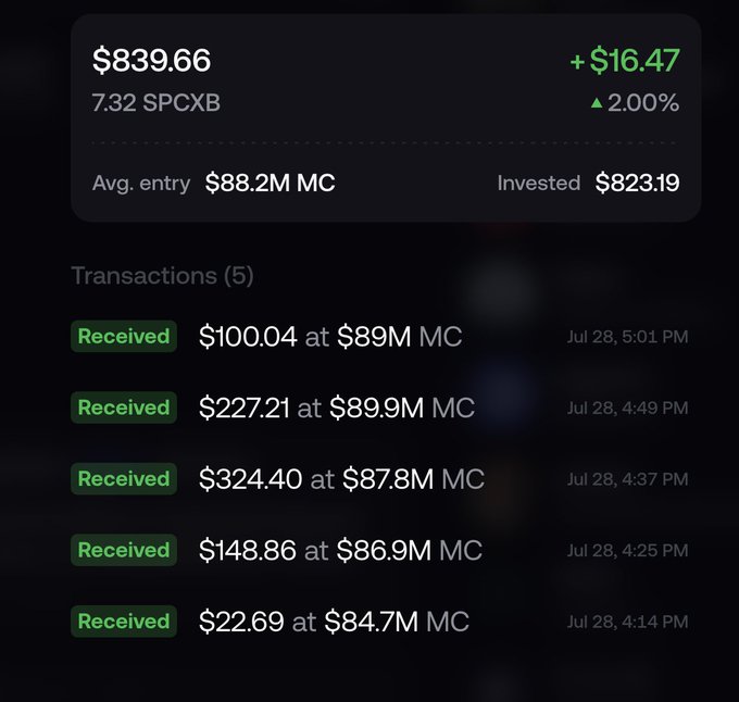 A crypto wallet interface shows $839.66 worth of SPCXB (7.32 tokens), up $16.47 (+2.00%), with 5 "Received" transactions totaling $823.19 on July 28 between 4:14-5:01 PM at market caps ranging from $84.7M-$89.9M, illustrating the post's claim of receiving over $800 in SPCXB tokens for briefly holding MarsCoin.