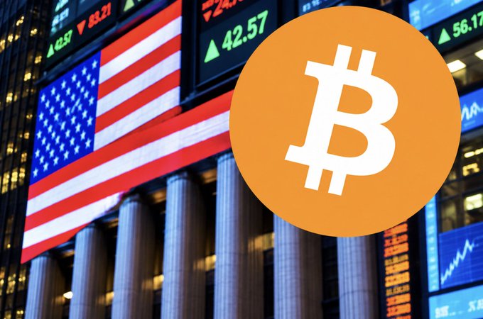 An image showing the Bitcoin logo overlaid on a background of an American flag and stock market tickers, including visible figures like "42.57" and "56.17" with green upward arrows.
