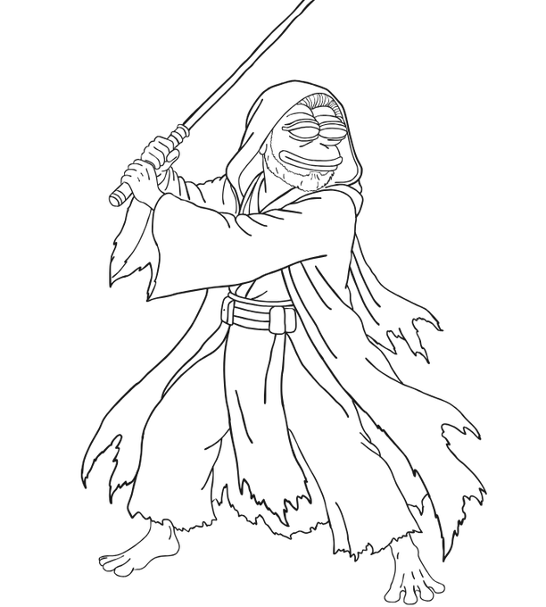 A black-and-white line drawing depicts a hooded warrior resembling a Jedi holding a lightsaber raised above his head, with a stylized frog-like face peering out from the hood.
