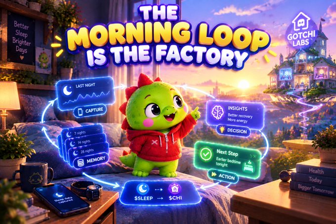 A promotional graphic by Gotchi Labs titled "THE MORNING LOOP IS THE FACTORY" featuring a cute green dinosaur character and a flow diagram from "SLEEP" to "$CHI" with insights on recovery and energy.