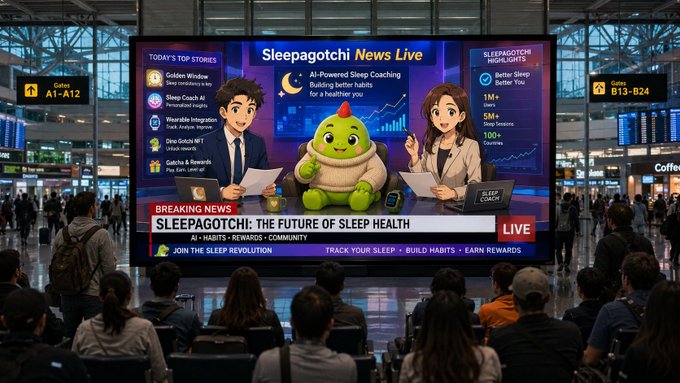 A large airport digital billboard displays "Sleepagotchi News Live" featuring animated news anchors and a green mascot, highlighting the platform's $6.5M funding round backed by investors like 6th Man Ventures, as part of a "Sleep Revolution" campaign promoting sleep health and habit-building.