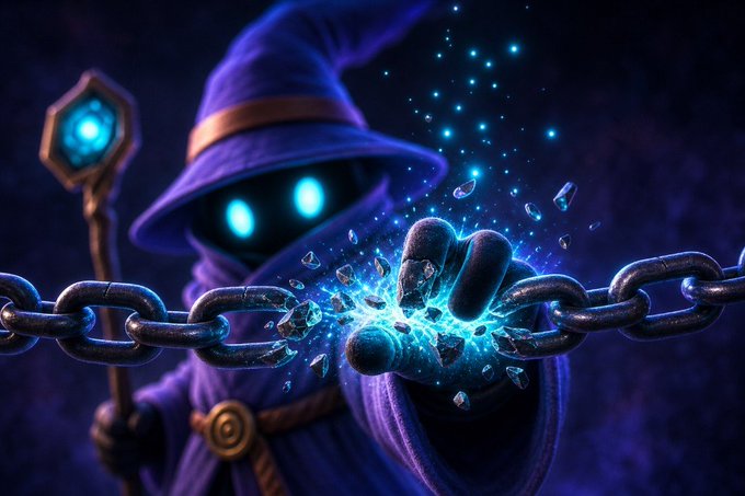 Digital artwork of a purple-cloaked wizard with glowing blue eyes breaking through chains with a magical staff, with blue energy particles emanating from the fractured links.