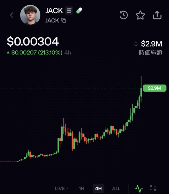 A cryptocurrency chart screenshot for the token "JACK" showing a price of $0.000304 and a market cap of $2.9M, with the price having risen 213.10% over 4 hours.