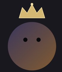 Simple cartoon icon featuring a dark gradient round face with two small dot eyes wearing a yellow/gold crown on top.