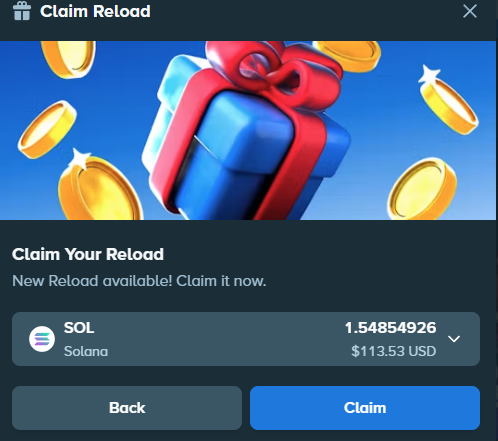 The image shows a "Claim Reload" popup offering 1.54854926 SOL ($113.53 USD) to be claimed, connecting to the post where the user mentions their host set a weekly reload as a daily one and is tipping others from winnings on Stake.