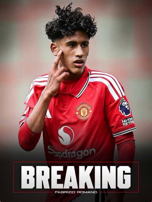 The image shows a young Manchester United player wearing the club's red home kit featuring the "Snapdragon" sponsor logo and a "No room for racism" Premier League sleeve badge, with bold "BREAKING" text and "FABRIZIO ROMANO" credit at the bottom. This aligns with the accompanying post reporting that JJ Gabriel was notably absent from recent Manchester United training sessions.