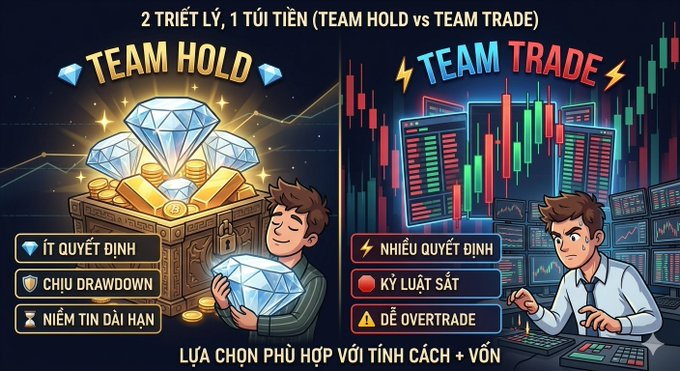 A graphic comparing 'TEAM HOLD' and 'TEAM TRADE' with the Vietnamese text '2 TRIẾT LÝ, 1 TÚI TIỀN (TEAM HOLD vs TEAM TRADE)' at the top and 'LỰA CHỌN PHÙ HỢP VỚI TÍNH CÁCH + VỐN' at the bottom.