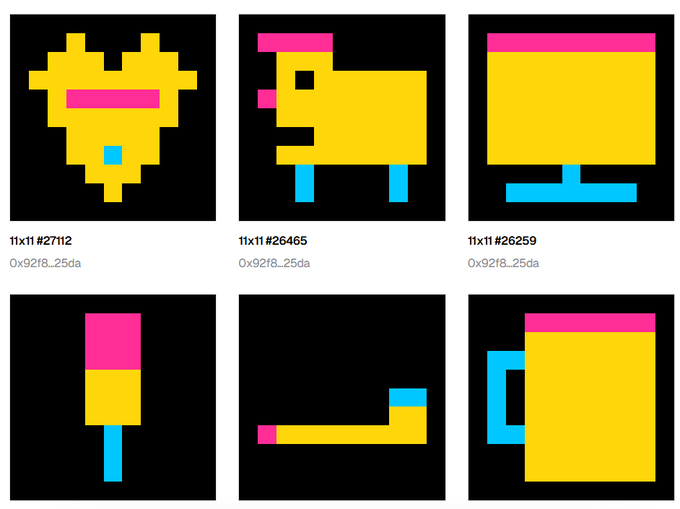 Grid of six pixel-art 11x11 sprites (IDs #27112, #26465, #26259, and three unlabeled), rendered at 0x92f8_25da, depicted as yellow shapes with pink and cyan accents on black backgrounds.