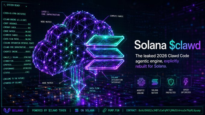 A futuristic digital promotional graphic displays a glowing neural network brain alongside the text "Solana $clawd" and "The leaked 2026 Clawd Code agentic engine, explicitly rebuilt for Solana." Additional text includes "POWERED BY CLAWD TOKEN," "ON SOLANA," and "PUMP.FUN" with a contract address.