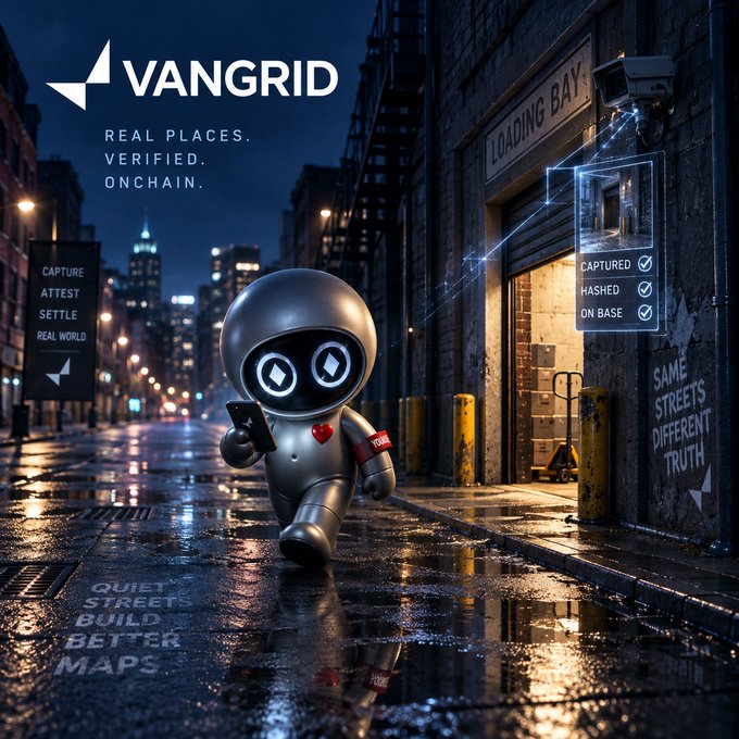 A VANGRID promotional image featuring a small silver robot holding a phone on a rainy city street at night, with text 'REAL PLACES. VERIFIED. ONCHAIN.' and workflow steps CAPTURE, ATTEST, SETTLE for the real world.