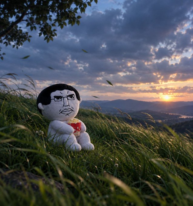 A photograph of a plush toy with a drawn-on stern face and glasses, holding a slice of pizza, sitting in green grass against a sunset sky over distant hills.