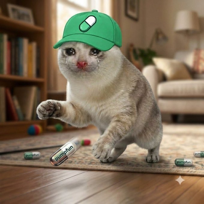 A sad crying kitten wearing a green pill cap stands in a living room surrounded by capsules labeled "pumpfun," humorously symbolizing the emotional rollercoaster and urgency of buying $PUMPCAT below a million market cap before it pumps to millions.