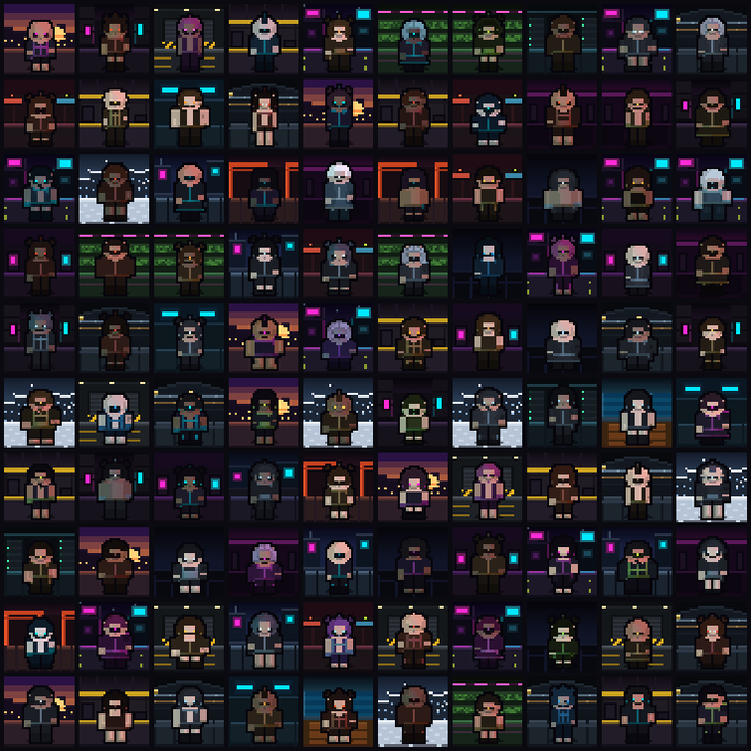 A grid of 100 pixel art character portraits showcases the "Hood Walkers" NFT collection, featuring diverse characters in urban-style clothing against neon-lit city backgrounds. The image celebrates the successful mint-out of the collection, with each unique walker displayed in a 10x10 arrangement.