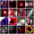 A grid of 16 small, abstract digital artworks dominated by deep red, black, and white tones, featuring glowing orbs, distorted shapes, and ethereal light effects characteristic of glitch or generative art. The collection, titled "Mad World," is a 10-edition series by an artist on Objkt.com priced at 25 XTZ, presented as part of a physical-digital art experience with original sound.