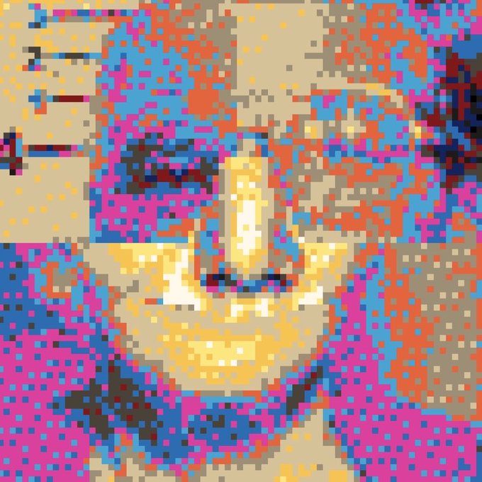 A heavily pixelated, color-distorted portrait showing a face with a mustache rendered in a chaotic mosaic of bright pink, blue, orange, and yellow pixels.