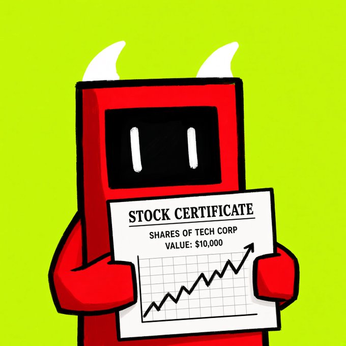 A red cartoon robot mascot with horns holds a "STOCK CERTIFICATE" for "SHARES OF TECH CORP" valued at "$10,000" alongside an upward trending chart. The image appears to reference the post's announcement of "Robinhood Tokenomics" on btcmachine.gg, playfully framing the crypto token as a growing investment opportunity with a bullish, devilish-mascot charm to match the "fun AF" branding.