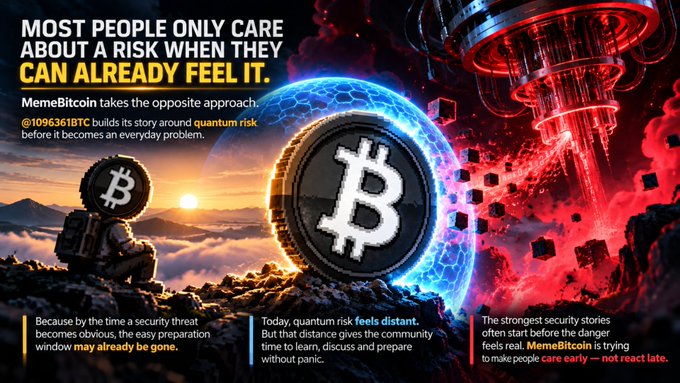 Promotional graphic for 'MemeBitcoin' (@1096351BTC) featuring Bitcoin imagery with text about quantum risk and early preparation: 'MOST PEOPLE ONLY CARE ABOUT A RISK WHEN THEY CAN ALREADY FEEL IT.'