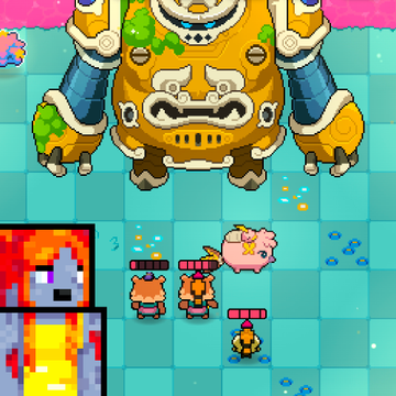 A screenshot from a pixel-art video game showing a battle against a large golden boss character, with smaller characters and health bars visible at the bottom.