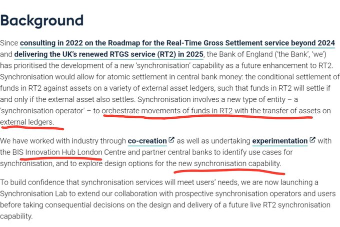 The image displays a "Background" section from a Bank of England document about developing a new synchronisation capability for the renewed RTGS service (RT2), launching in 2025, with a "Synchronisation Lab" being launched to test atomic settlement in central bank money against external asset ledgers, in collaboration with the BIS Innovation Hub London Centre.