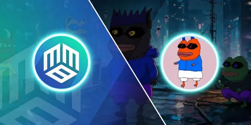 A split graphic with a blue/green 'MG' token logo on the left and a featured cartoon character from an animated film wearing a blue jacket on the right.
