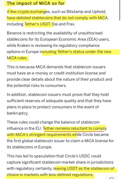 The image shows a document that discusses the impact of MiCA regulations on cryptocurrency exchanges, specifically focusing on the non-compliance of tether with MiCA rules. The text highlights the importance of compliance for tether's listing status within the EU. The document also mentions the influence of the EU's first global stablecoin standard in Europe and the potential risks associated with it.