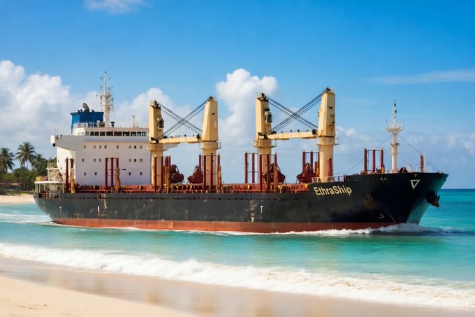 A large dark-hulled cargo ship with the text 'EthraShip' on its bow is anchored in bright turquoise tropical waters near a sandy beach with palm trees.