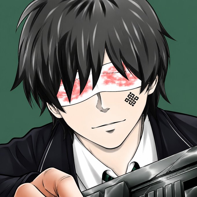 An anime-style illustration of a young man with black hair wearing a school uniform, featuring a white blindfold with red cloud patterns covering his eyes and a small symbol tattooed beneath it.