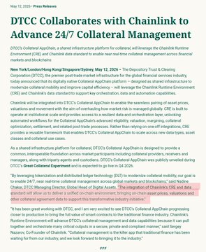A news article titled 'DTCC Collaborates with Chainlink to Advance 24/7 Collateral Management' dated May 12, 2026, discussing DTCC's infrastructure integration with Chainlink.