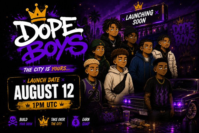 Promotional artwork for the "Dope Boys" game announces a launch date of August 12 at 1PM UTC, featuring stylized illustrations of hooded crew members alongside a purple lowrider car, with call-to-action elements urging players to "Build Your Crew," "Take Over The City," and "Earn $GUAP." The bold graffiti-style logo and tagline "The City Is Yours..." reinforce the street-themed crypto gaming aesthetic.