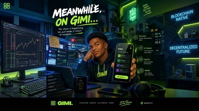 A promotional graphic for 'GIMI' featuring a young man at a trading desk with multiple monitors showing charts, holding a phone displaying the GIMI app interface; text reads 'MEANWHILE, ON GIMI...' and 'DISCOVER. CREATE. AUTOMATE. EARN.' with features listed including Discover, AI Studio, Agents, and Wallet.