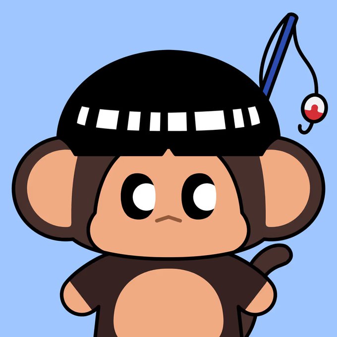 A cartoon illustration of a brown monkey wearing a black bowl-cut hairstyle and a feather hair accessory against a blue background.