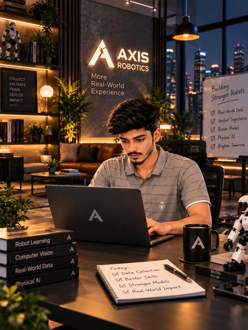 A young man works on a laptop in a futuristic office space branded "AXIS ROBOTICS," with a notebook listing "Data Collection, Better Skills, Stronger Models, Real-World Impact" and stacked books titled "Robot Learning," "Computer Vision," "Real-World Data," and "Physical AI."