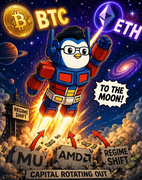 The image features a cartoon penguin wearing glasses, flying through space with a robot arm attached to its back. The penguin appears to be in motion, possibly flying towards the moon or another planet. In front of the penguin, there is text that reads "to the moon! Regime shift capital rotating out". This suggests that the image might be related to a presentation about cryptocurrency and blockchain technology, with a focus on Ethereum's potential impact on various industries. The cartoon penguin serves as an engaging visual aid for conveying complex ideas in a fun and accessible way.