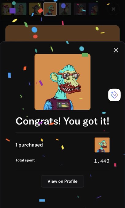 A digital NFT purchase confirmation screen showing 'Congrats! You got it!' for a cartoon ape character with sunglasses, indicating 1 purchased at a total cost of 1.449.