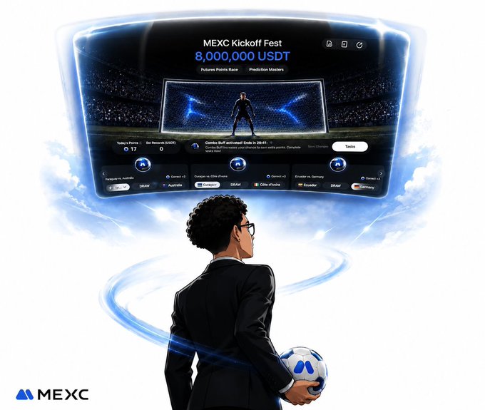 A businessman holding a soccer ball stands before a floating digital display advertising "MEXC Kickoff Fest" with an "8,000,000 USDT" prize pool and football match predictions, visually tying the trading event to the World Cup.